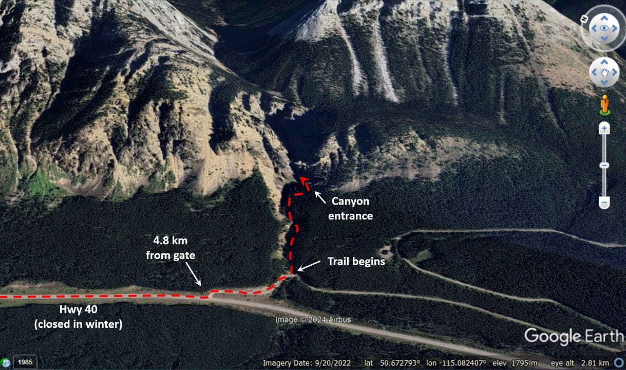 Map showing the approach to the Whiteman Falls climb