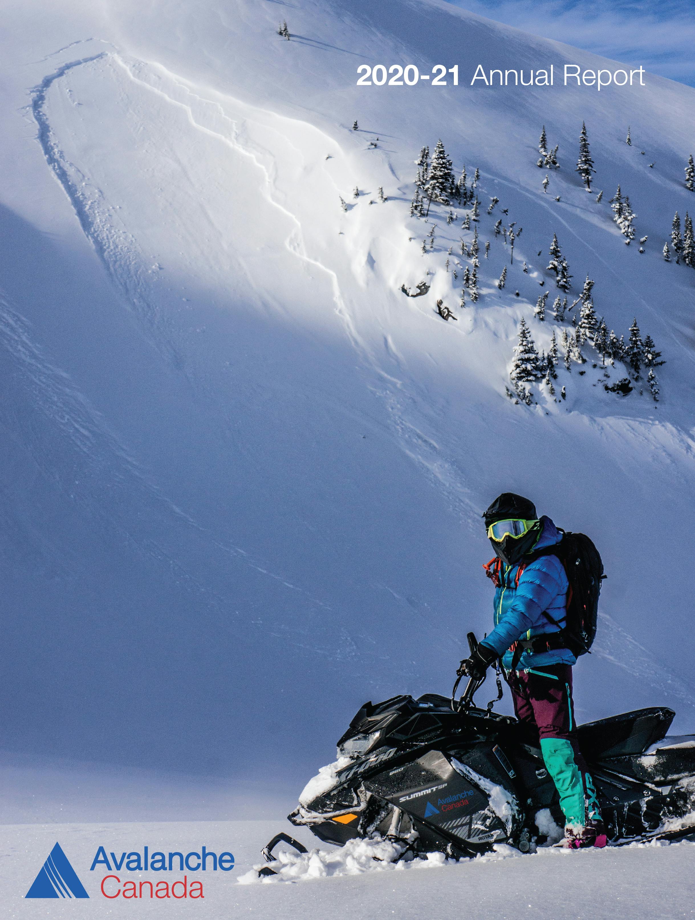 The cover of the 2020-21 Annual Report shows a snowmobiler in the mountains, with a large avalanche on a slope in the background.