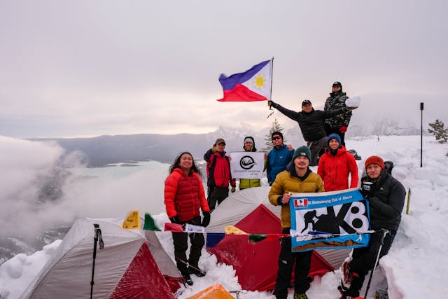 Nine people from K8 Mountaiineering Club of Alberta winter camping.