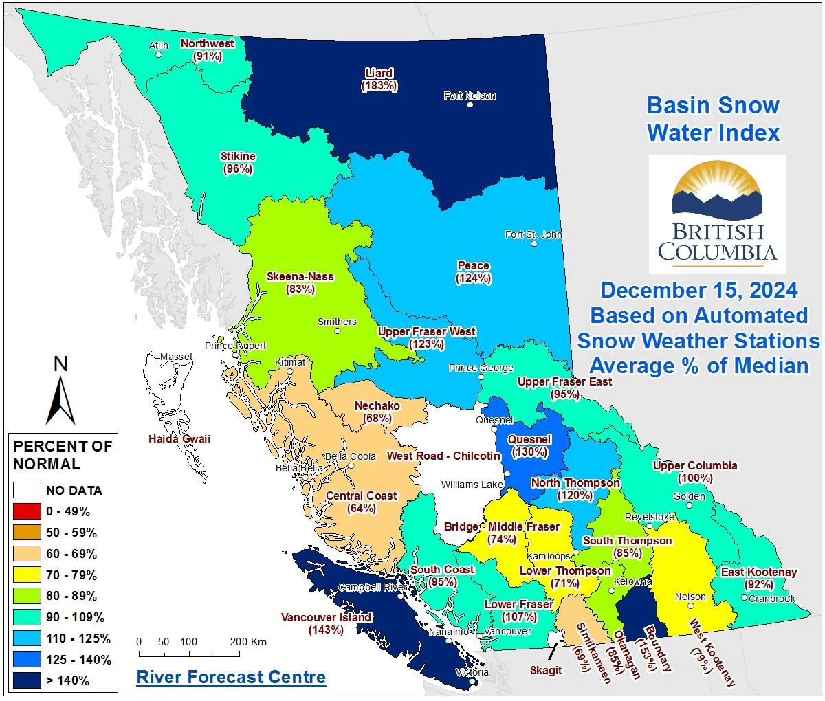 map of bc with most basins showing near average snow water