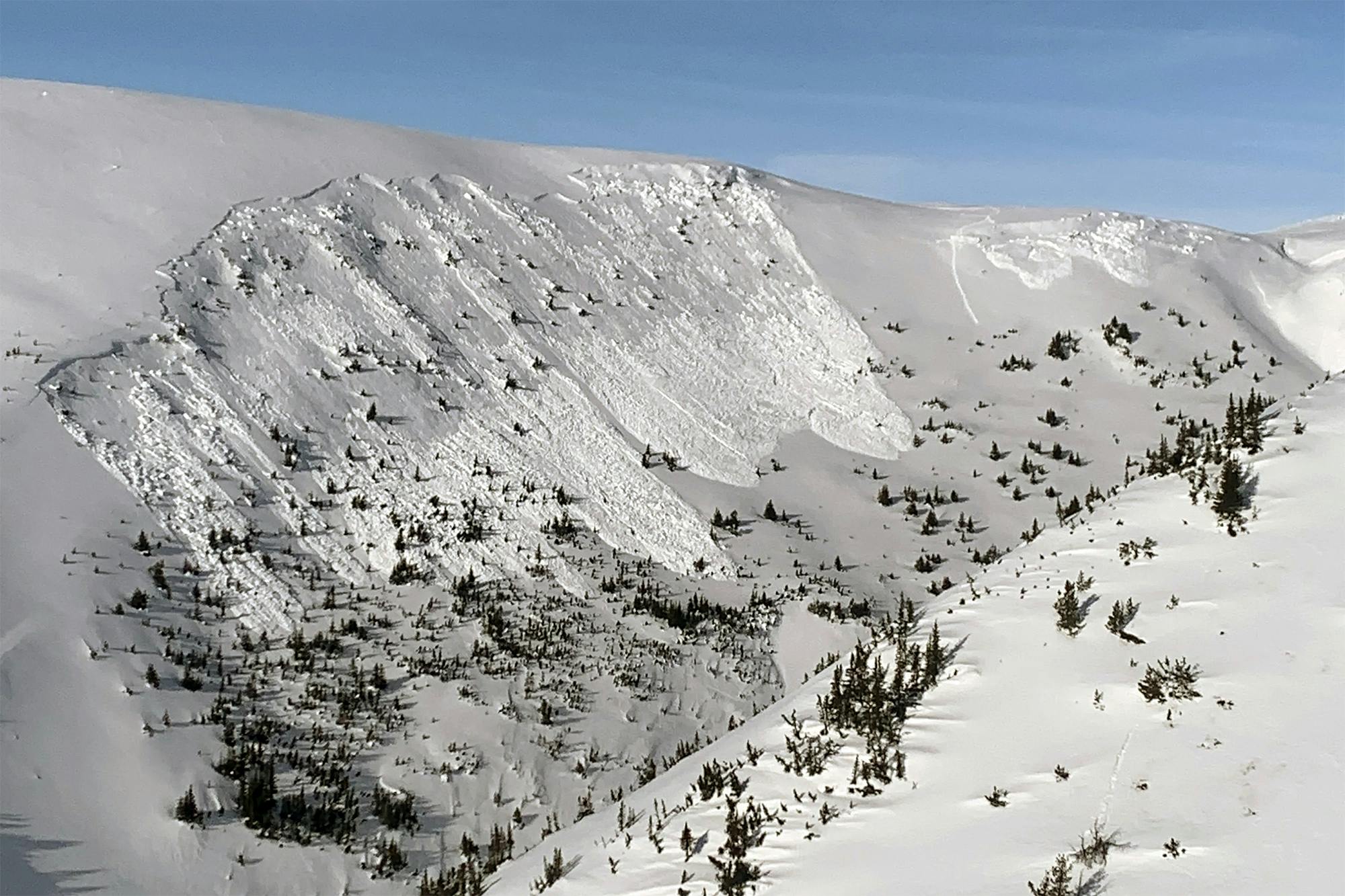 An avalanche on a steep alpine slope that propagated across the entire slope, with debris extending hundreds of metres downslope into treeline