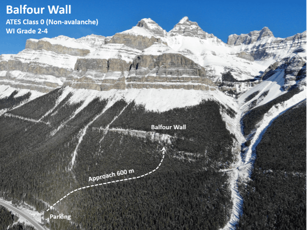 A trail marked through heavy trees up to an ice climb with large rocky and snowy slopes above