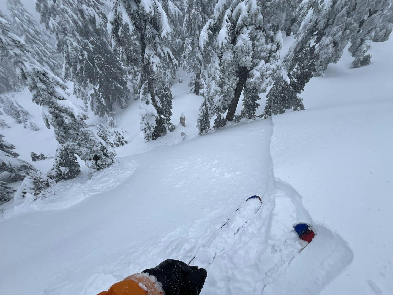 A small avalanche triggered under a skier's skis