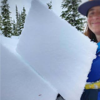 A field team member holds two blocks of snow on a shovel, one has slid down the surface of the other on a weak layer.