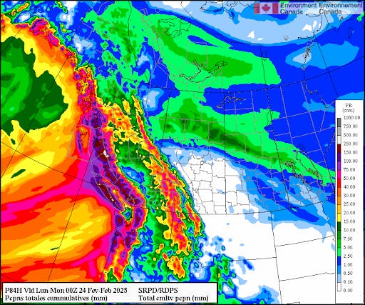 The weather forecast shows substantial precipitation for many regions from Thursday through Sunday. Source: Environment Canada