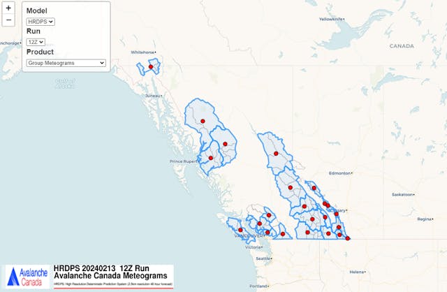 Map showing locations of available meteograms