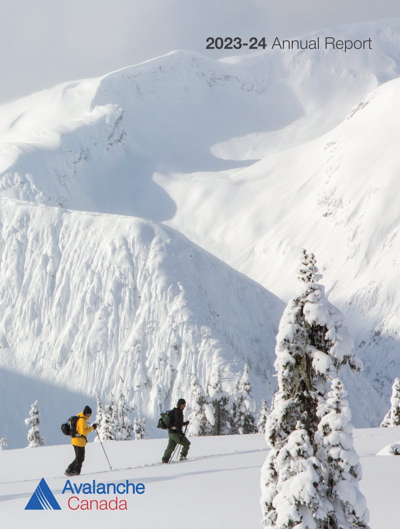 A photo of two ski tourers skinning up with the words 2023-24 Annual Report at the top
