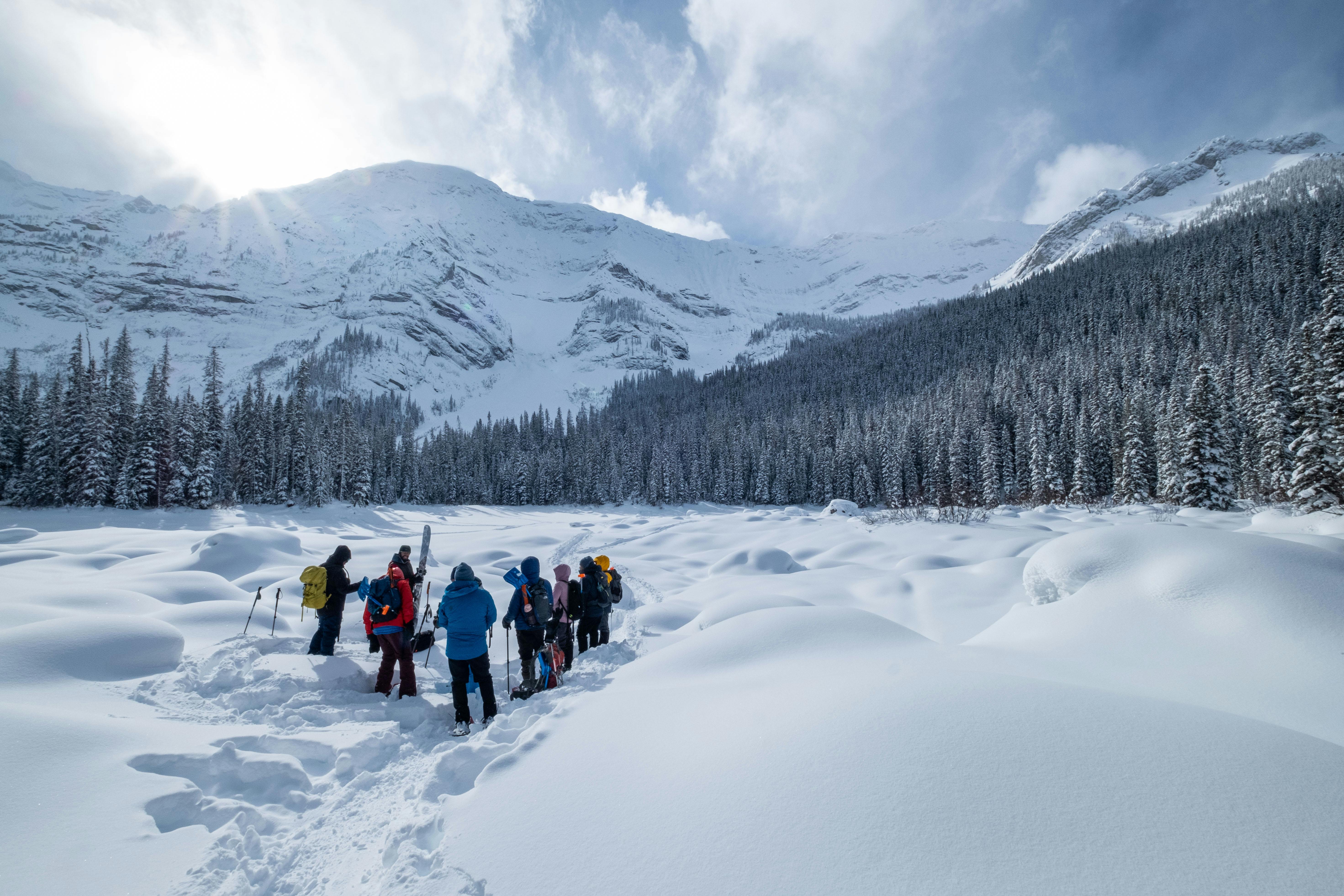 A group of people standing in a snowy open field in front of mountains. 