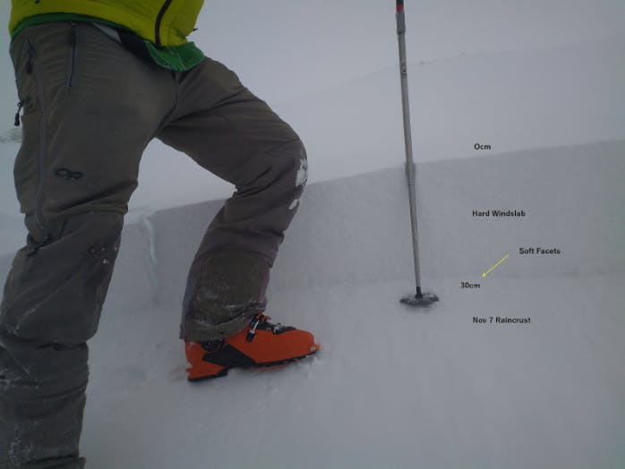 A small avalanche crown with a person standing on the bed surface. It measures just below the knee and the snowpack is annotated showing the failure layer