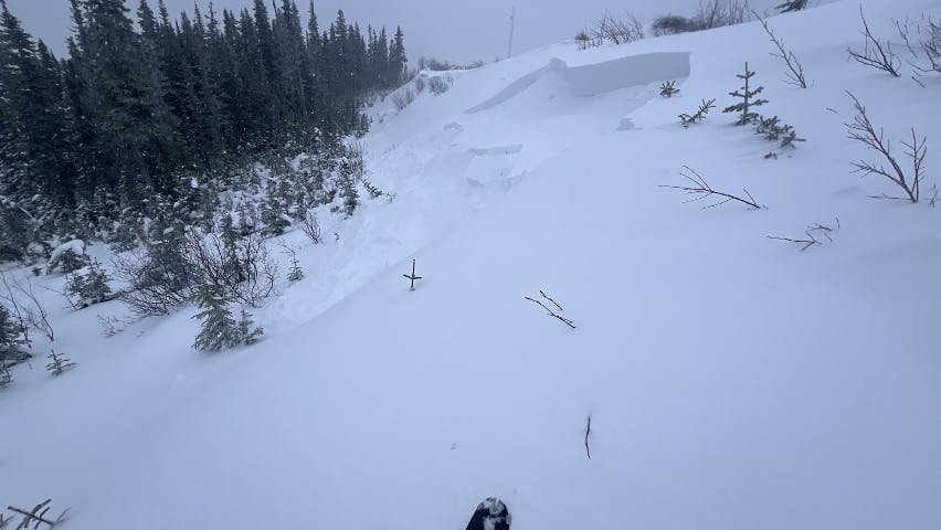 An avalanche crown in a small pocket of wind loaded terrain.