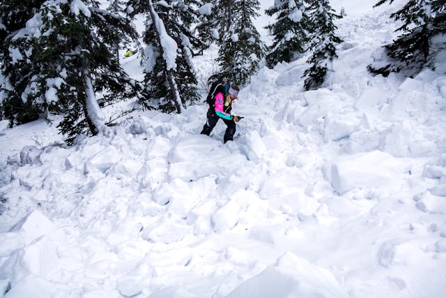 A person conducts a transceiver search in avalanche debris.