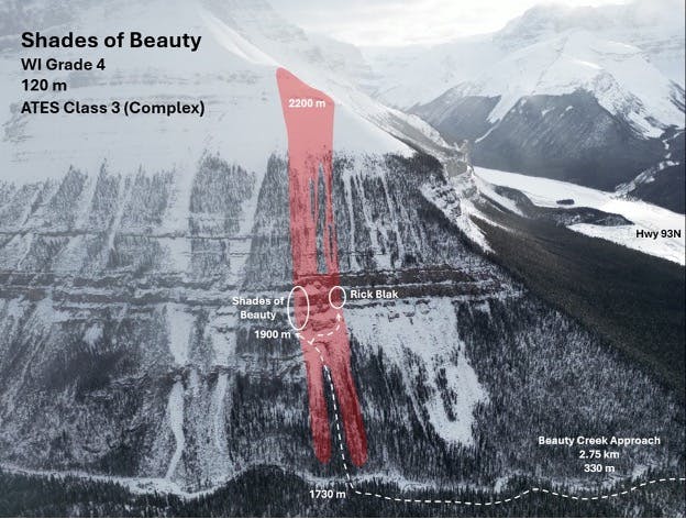 Shades of Beauty climb showing avalanche terrain in red