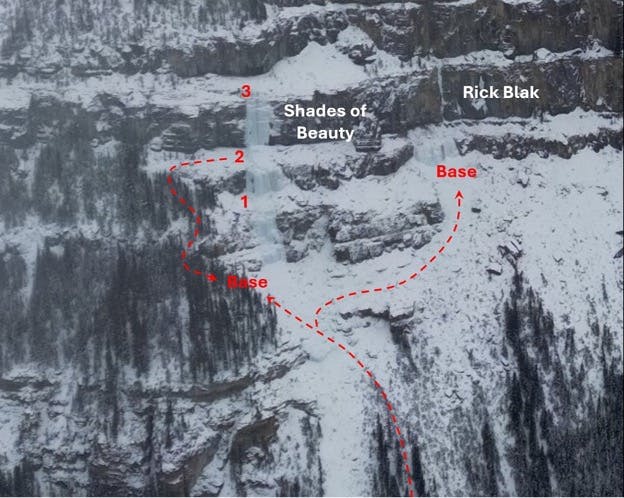 A zoomed in photo of an ice climb with the pitches numbered