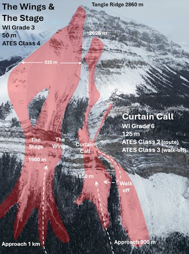 Tangle Ridge with avalanche start zones highlighted in red