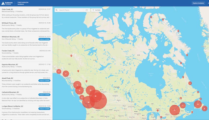 a map showing red bubbles where there have been fatal avalanche incidents