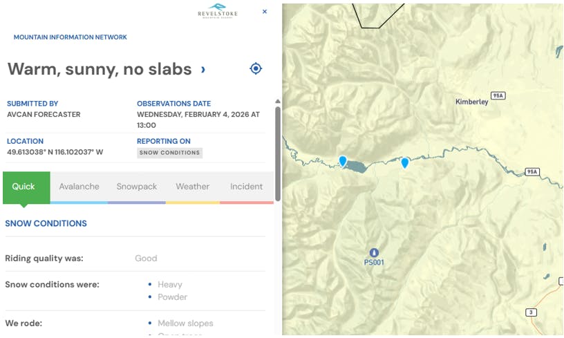 Screenshot of avalanche.ca with MIN posts near Kimberley