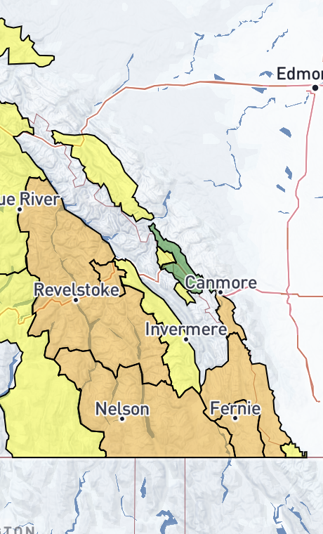 Interior and SE BC shown on a map