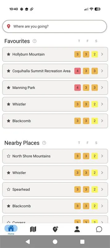 screenshot of app screen showing a list of locations with their danger rating outook