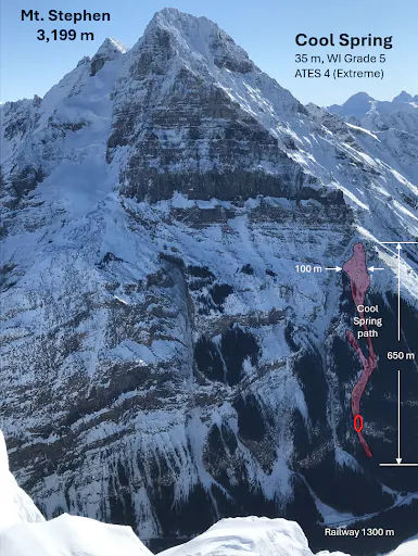 An aerial shot showing the Cool Spring climb on Mt. Stephen