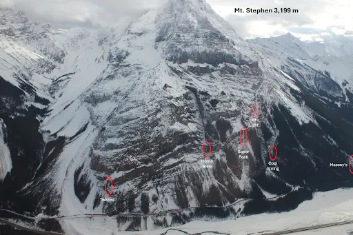 An aerial shot of Mt. Stephen with Twisted on the far left