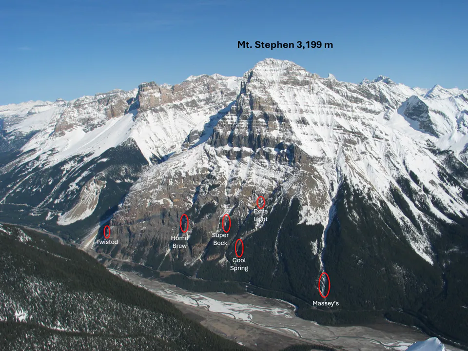 overview of Mt. Stephen with several climbs circled in red