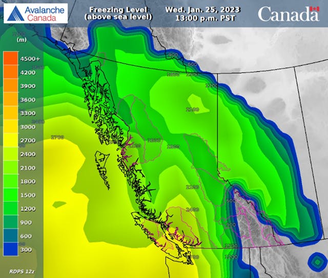 A weather chart shows freezing levels across the province for Wednesday Jan 25, 2023.