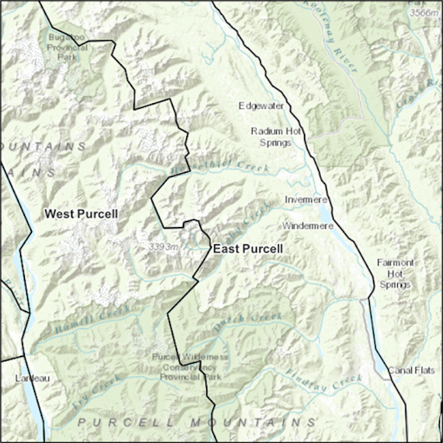 Map shows the Purcell region with subregion boundary splitting it. 