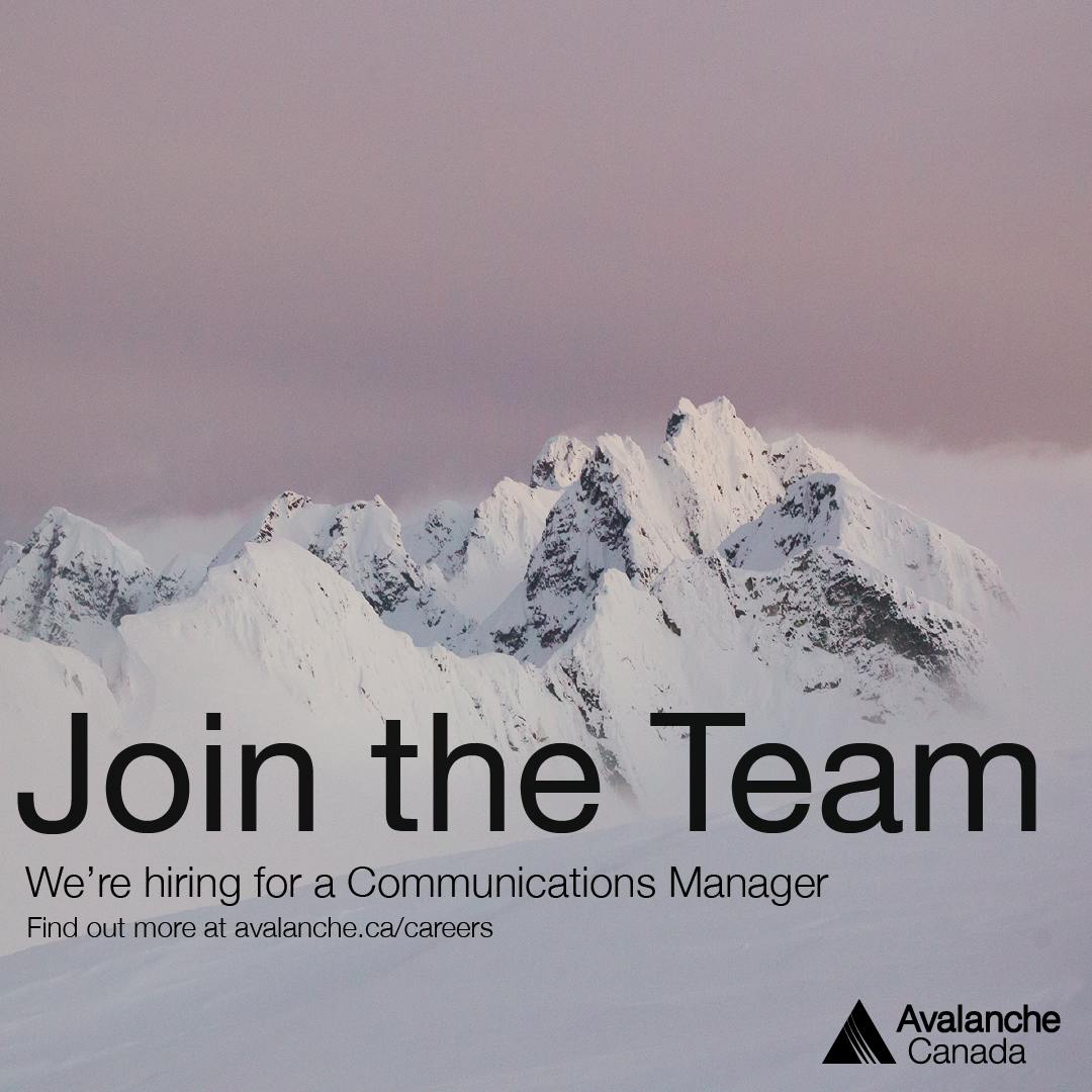 Image of mountain peaks against a mauve sky. There is text overlaid announcing that we're hiring for a Communications Manager and an AvCan logo in the bottom right corner. 