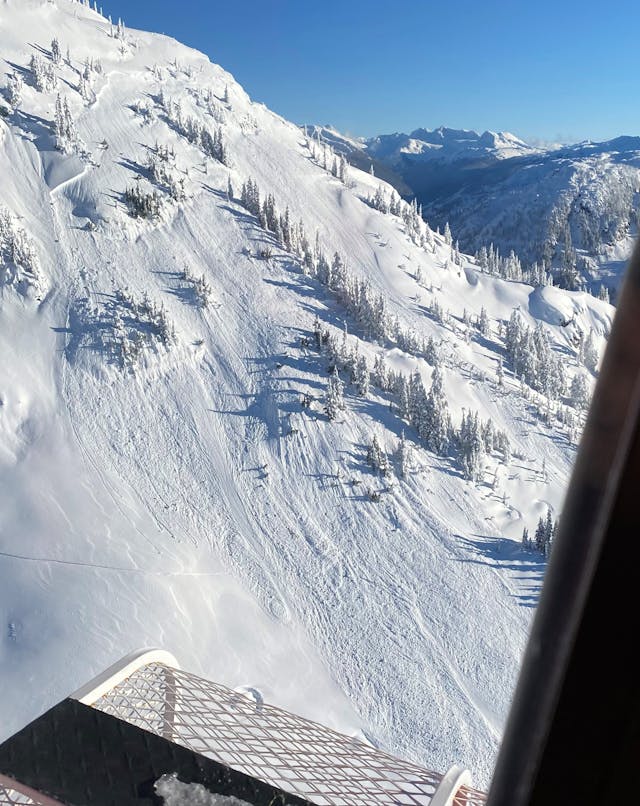 Image of avalanche on Rainbow Mountain in the Sea to Sky region, taken from a helicopter