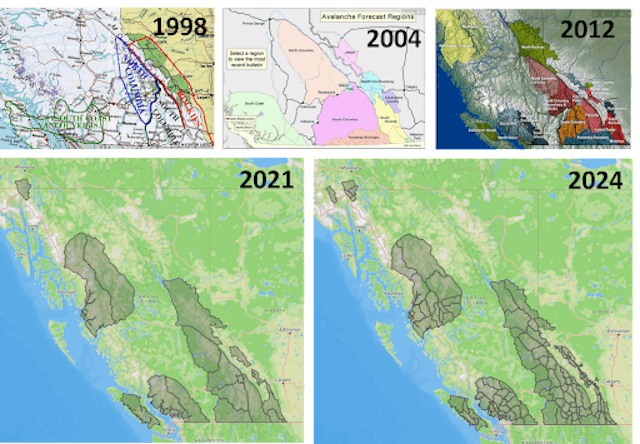 Image shows the evolution of forecast regions in western Canada. Images show 1998, 2004, 2012, 2021, and 2024.