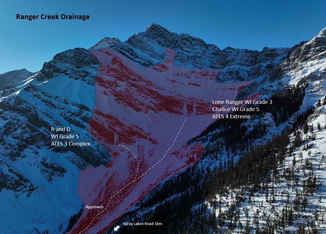 Ranger Creek Drainage, with the avalanche zones in red