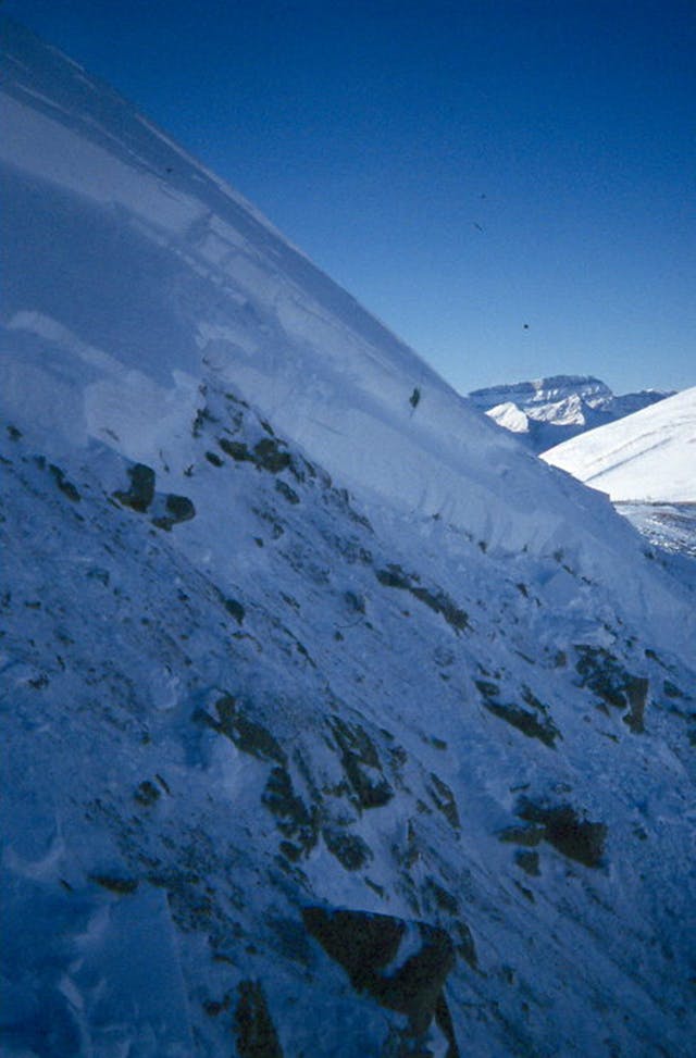 Image shows an avalanche fracture line, a small plane of bed surface, and then a second fracture line. Below which, the ground is visible. 