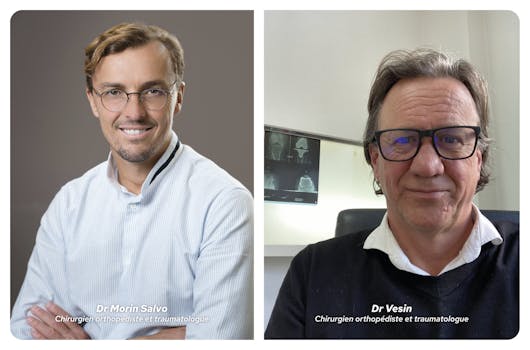 À gauche, Dr Morin Salvo, chirurgien orthopédiste et traumatologue. À droite, Dr Vesin, chirurgien orthopédiste et traumatologue.
