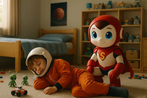 KI generiertes Bild von einem kleinen Jungen mit einem Astronautenhelm, der auf dem Boden seines Kinderzimmers schläft, während ein Superheld ihn bewacht. KI generiertes Bild von einem kleinen Jungen mit einem Astronautenhelm, der auf dem Boden seines Kinderzimmers schläft, während ein Superheld ihn bewacht.