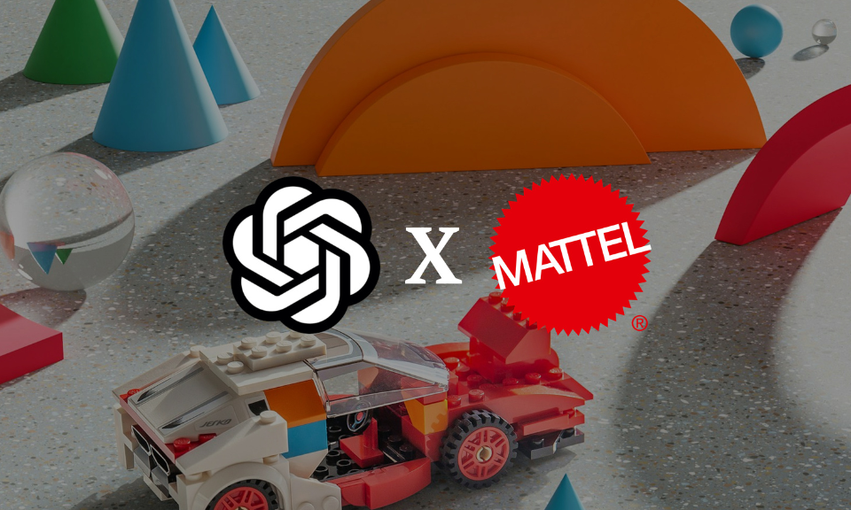 Spielzeug auf dem Boden mit den Logos von OpenAI und Mattel im Vordergrund