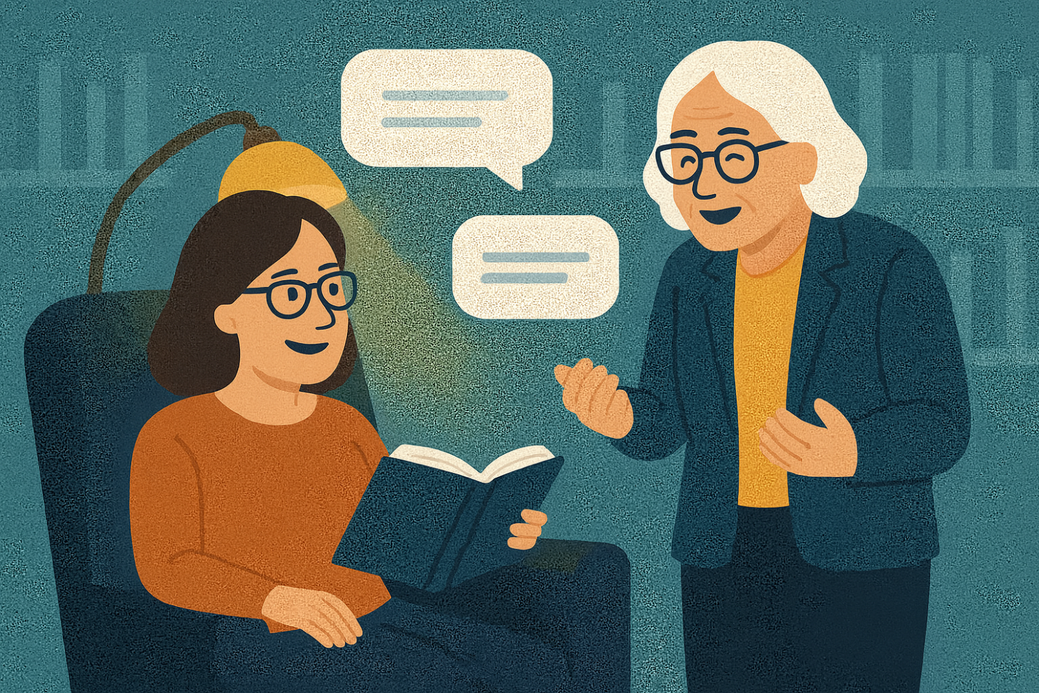 KI generiertes Bild von einer Frau, die in einem Sessel sitzt und mit einer älteren Frau, die daneben steht, redet