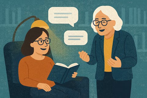 KI generiertes Bild von einer Frau, die in einem Sessel sitzt und mit einer älteren Frau, die daneben steht, redet KI generiertes Bild von einer Frau, die in einem Sessel sitzt und mit einer älteren Frau, die daneben steht, redet