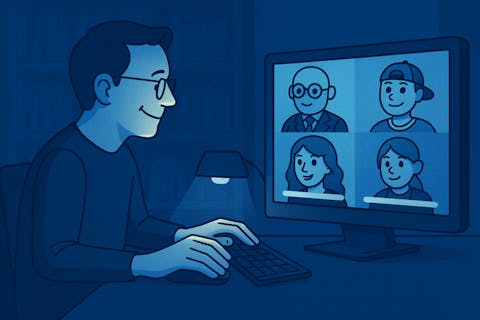 KI generiertes Bild von einem Mann der vor einem Bildschirm sitzt und eine Videokonferenz mit Vier anderen Personen durchführt KI generiertes Bild von einem Mann der vor einem Bildschirm sitzt und eine Videokonferenz mit Vier anderen Personen durchführt