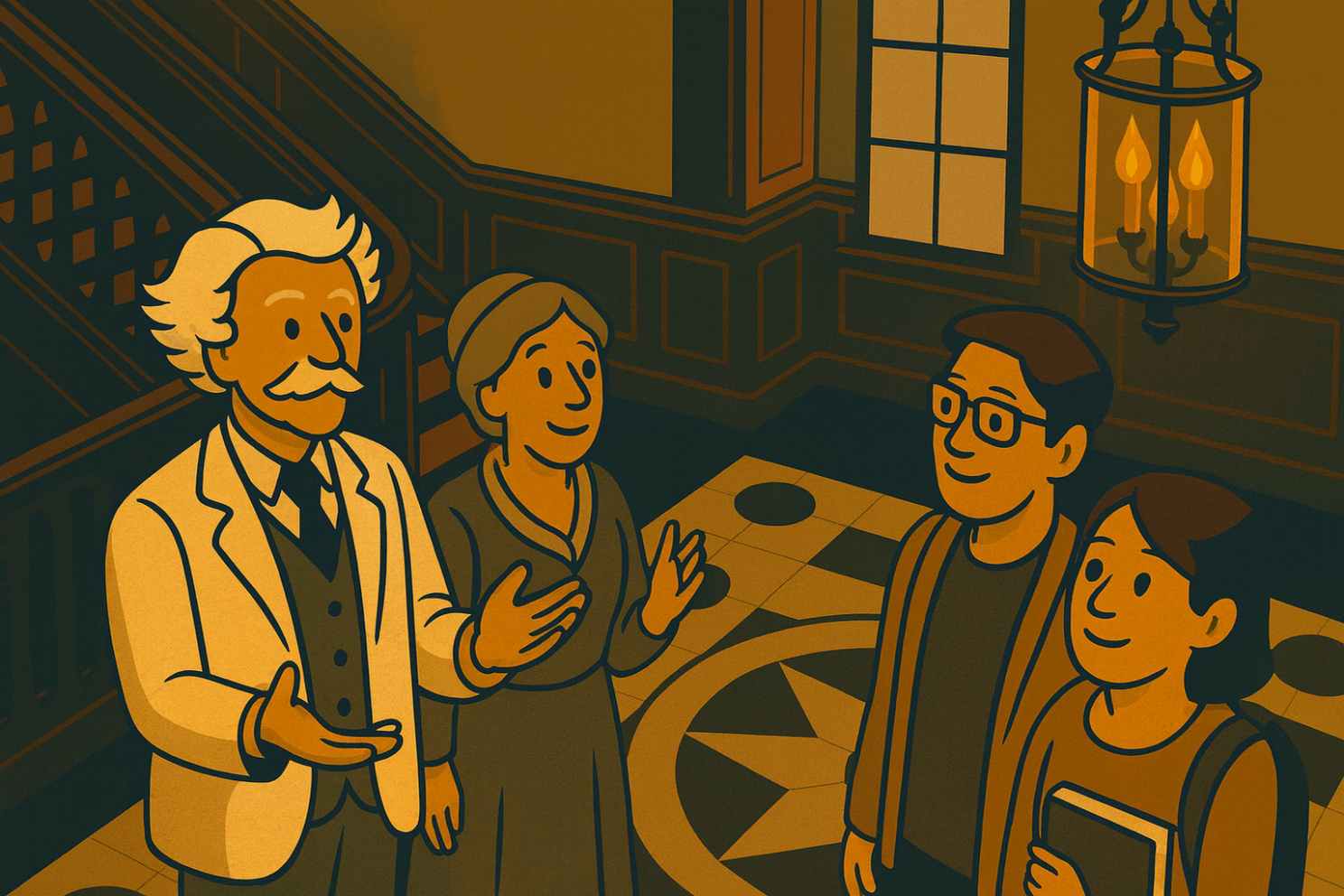 KI generiertes Bild von einem älteren Mann und einer älteren Frau, die in einem Flur neben einer jungen Frau und einem jungen Mann stehen und etwas erklären.