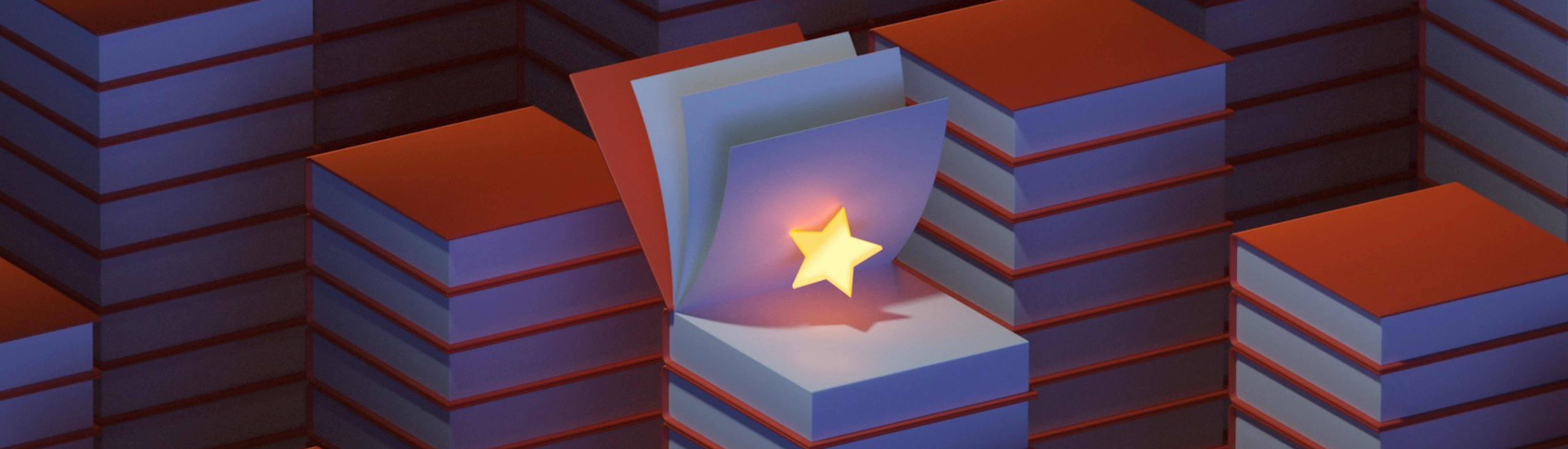 KI generiertes Bild von mehreren Bücherstapeln, mit einem aufgeklappten Buch. Aus diesem kommt ein Stern heraus