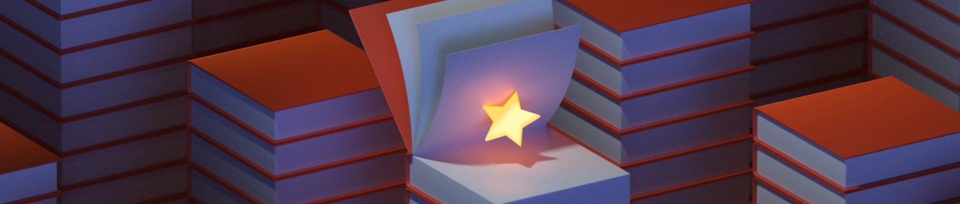 KI generiertes Bild von mehreren Bücherstapeln, mit einem aufgeklappten Buch. Aus diesem kommt ein Stern heraus