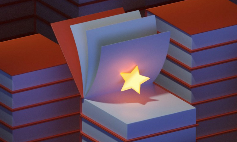 KI generiertes Bild von mehreren Bücherstapeln, mit einem aufgeklappten Buch. Aus diesem kommt ein Stern heraus