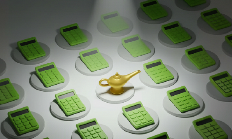 KI generiertes Bild von einer Wunderlampe zwischen Taschenrechnern