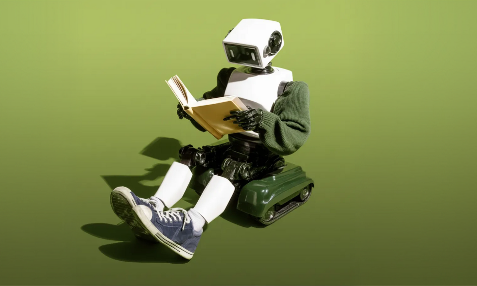 KI generierter Roboter, der ein Buch liest