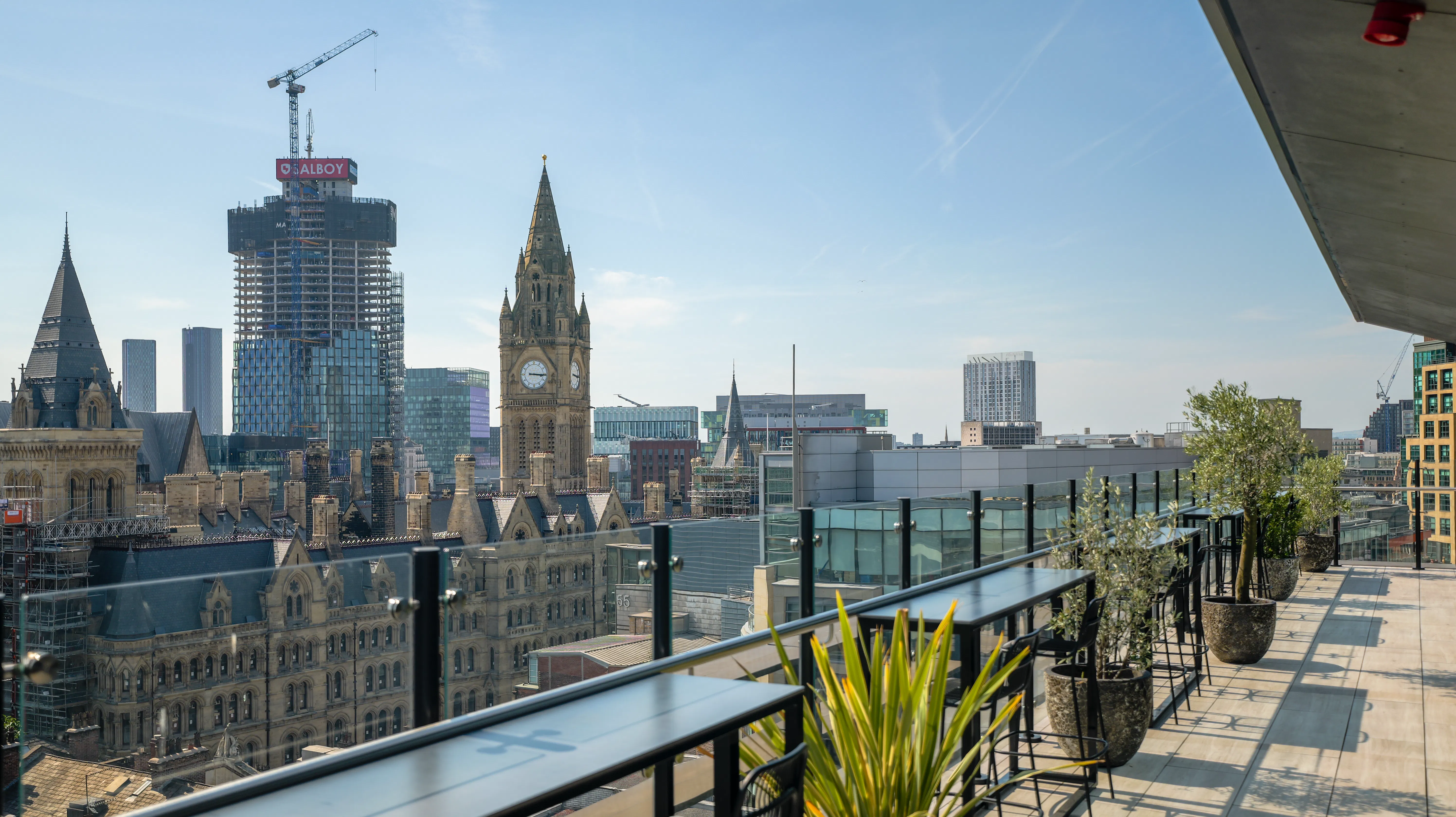 Manchester skyline and Town Hall from the Aviary terrace