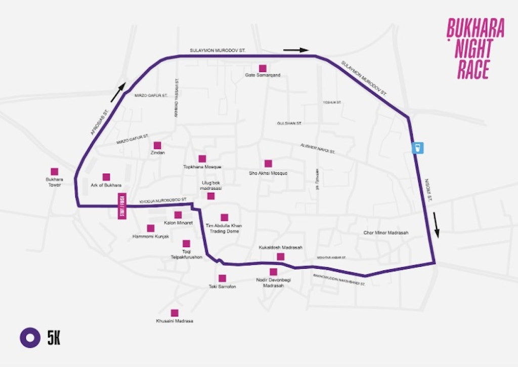 5K yugurish masofasi xaritasi. 10K uchun shunday aylanadan ikkitasini yugurib o’tish kerak bo’ladi.