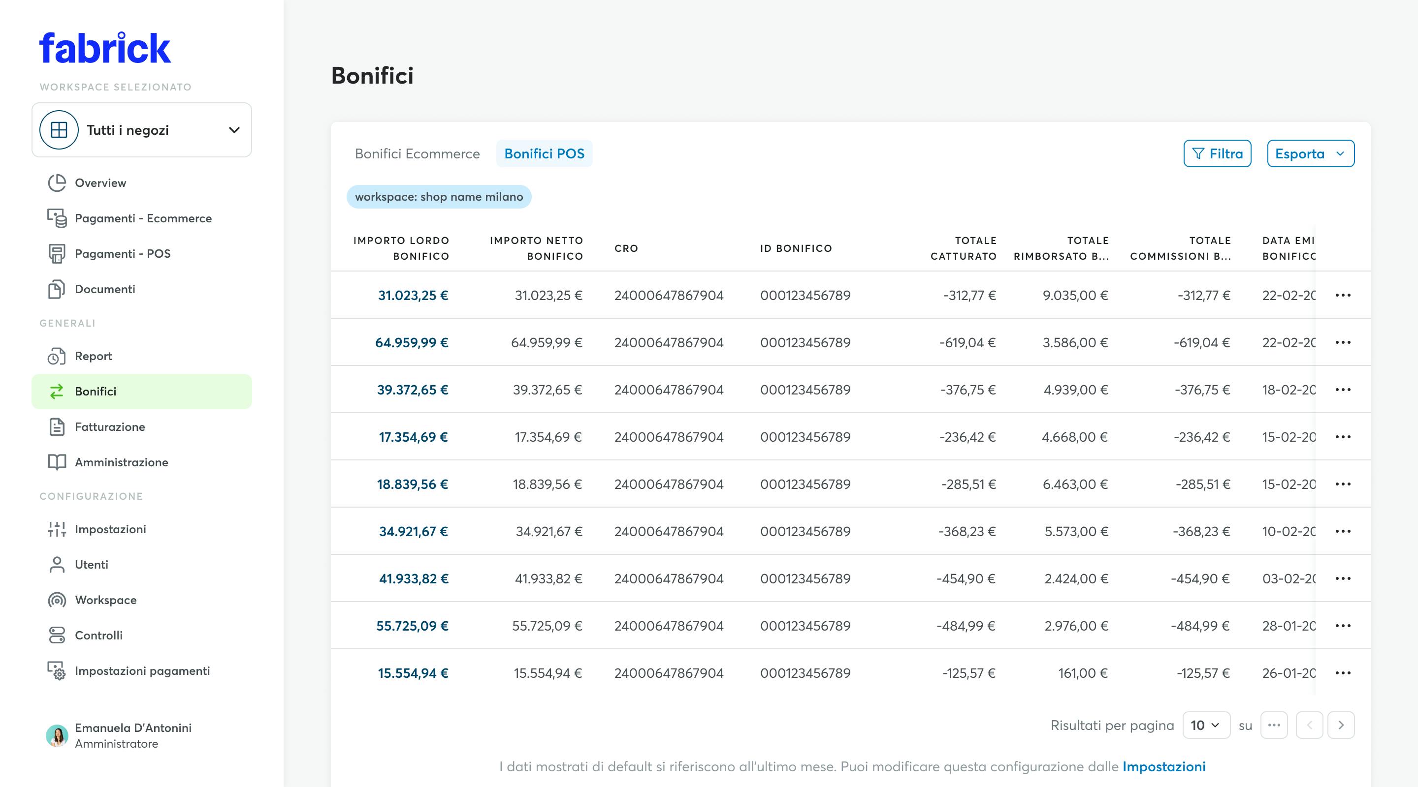 Lista bonifici POS