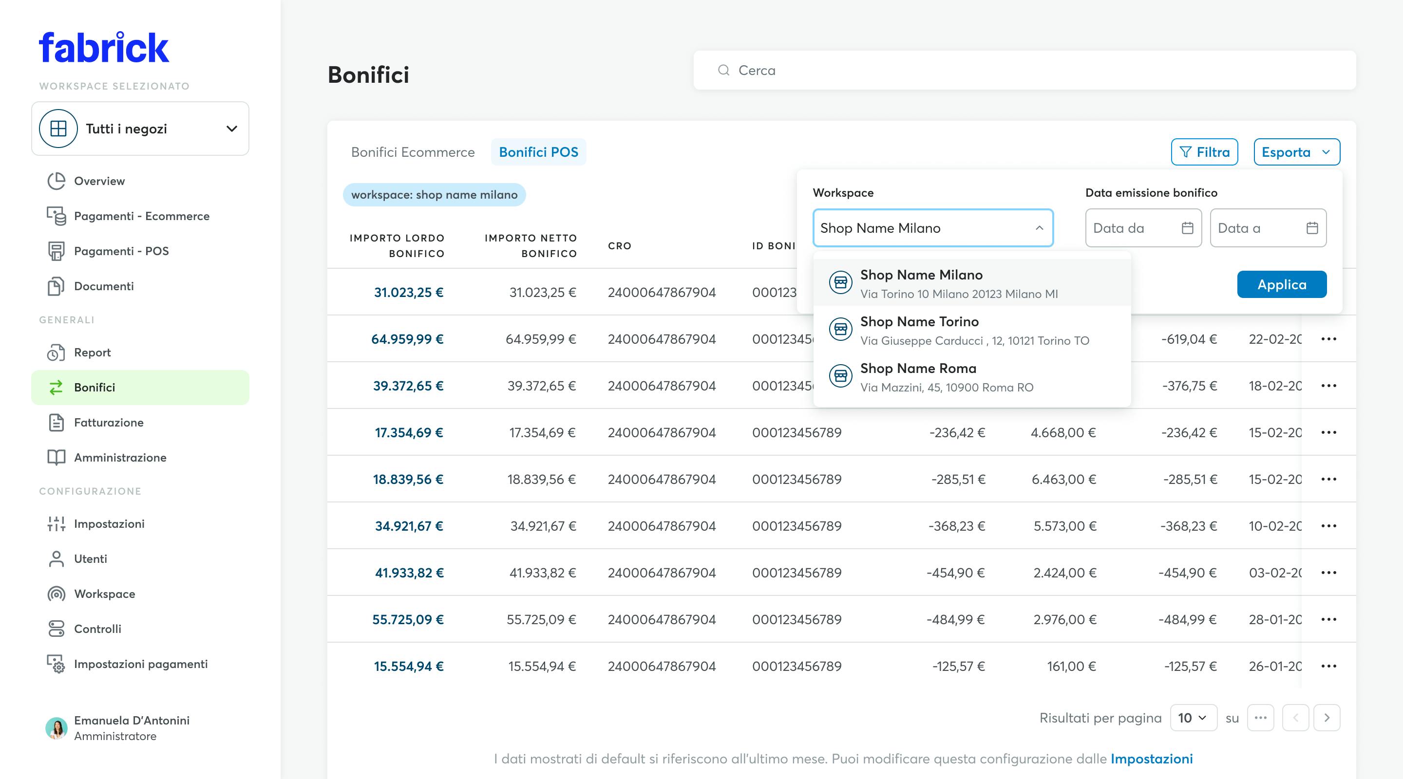 Bonifici POS: filtro workspace