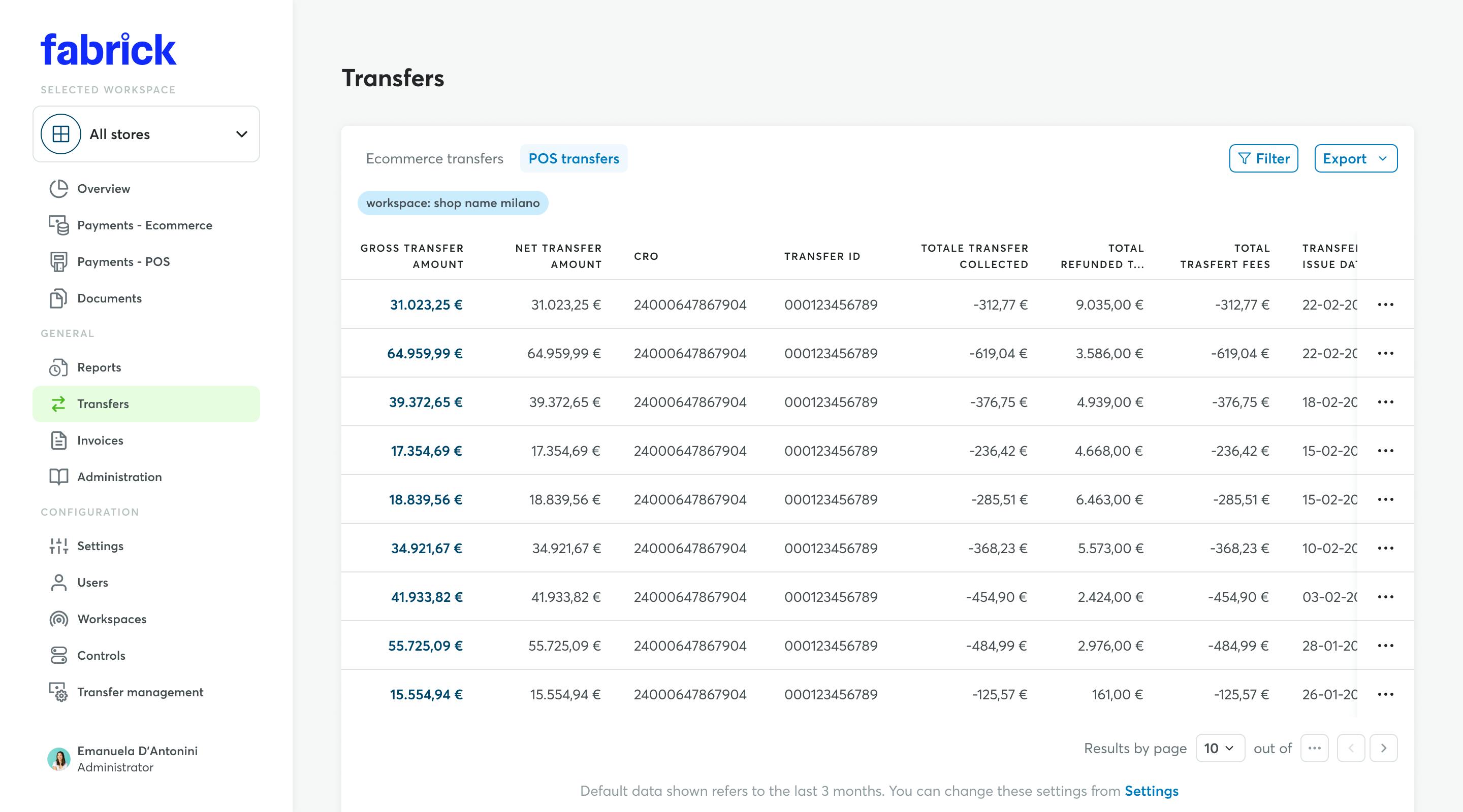 POS Transfers: list of transfers