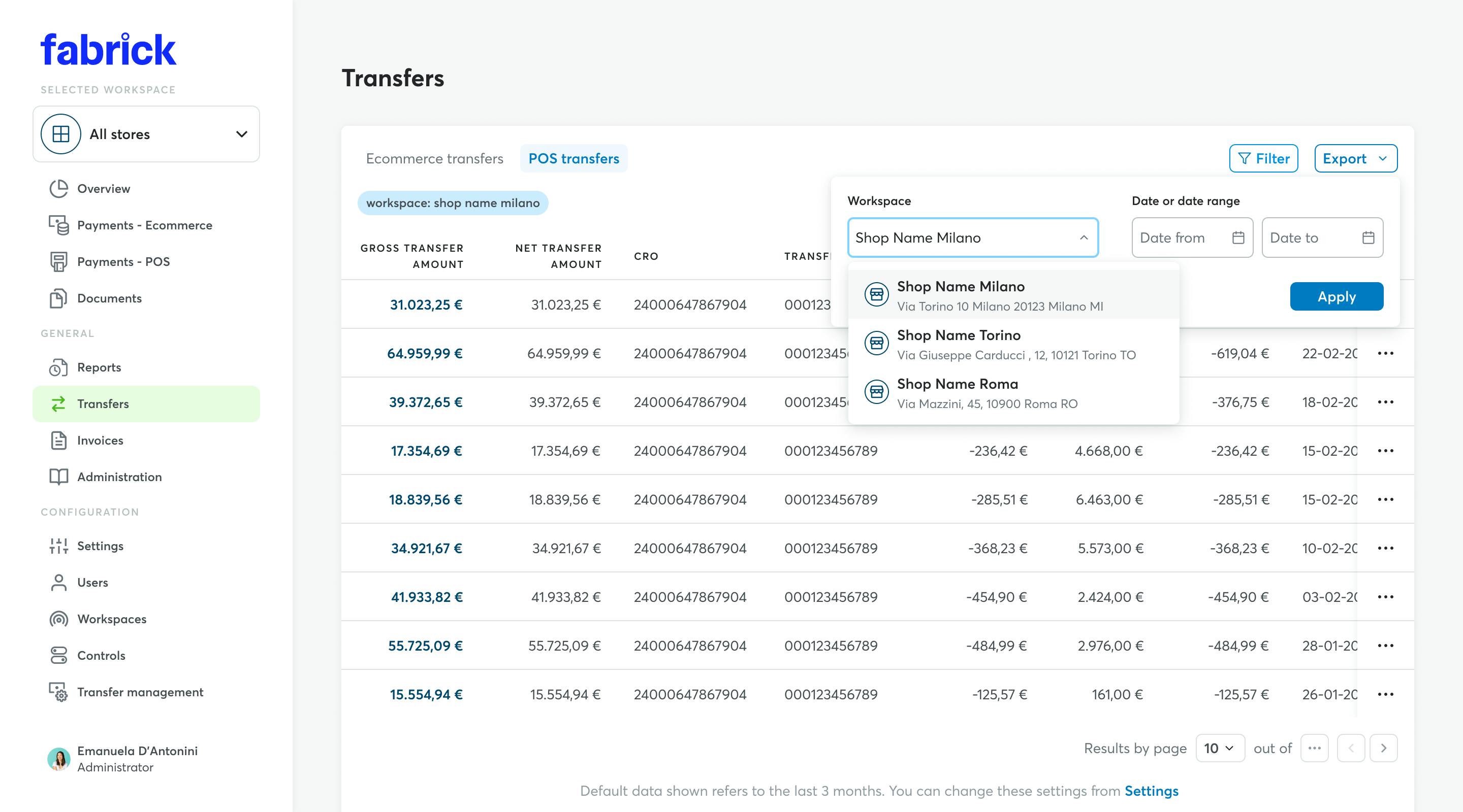 POS transfers: Workspace filter